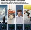 Collage of four images showcasing smartwatch features: a hiker in a mountain landscape, an alarm clock, a man listening to music with earbuds, and a runner on a track. Each image has a circular UI element at the bottom displaying specific app functions. Produktbild-Vorschau