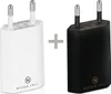 Two USB power adapters, one white and one black, are shown side-by-side with a plus sign in between them. Produktbild-Vorschau