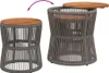Two garden side tables, one nested inside the other, with a wooden top and a grey woven body. Náhled obrázku produktu