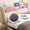 A bed with a headboard featuring shelves, LED lighting, and a close-up inset showing USB charging ports. Náhled obrázku produktu