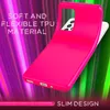 A neon pink phone case is shown with text highlighting its features. Produktbild-Vorschau