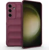A burgundy phone case is shown from the back and side, with the phone screen visible. Produktbild-Vorschau