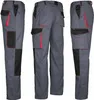 Three views of a pair of gray work pants with black and red accents. Náhľad obrázku produktu