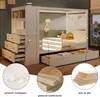 A bunk bed with storage drawers and shelves, shown with close-up views of materials and weight capacity indicators. Produktbild-Vorschau