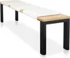 A modern bench with white cushioned seats and a wooden surface on black metal legs, presented against a white background. Produktbild-Vorschau