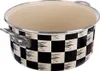 A close-up studio shot of a black and white checkered enamel pot. Voir les images du produit