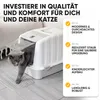 A cat is exiting a modern, enclosed litter box. Text overlays describe the product's features. Produktbild-Vorschau