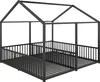 A black metal house-shaped bed frame with a slatted base and a railing around the sides, shown against a white background. Podgląd zdjęcia produktu