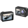Two black SJCAM action cameras are shown against a white background. One camera is viewed from the side and back, showing its screen displaying a winter scene with a vehicle. The other camera is viewed from the front and side, showing its lens and screen. Anteprima dell’immagine prodotto