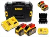 A collage of images showing DeWALT power tool batteries, a charger, and a storage case. Produktbild-Vorschau