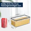 A red soda can is shown next to a clear plastic food storage container filled with spaghetti and what appears to be cereal or rice. Dimensions are indicated with lines and text. Produktbild-Vorschau