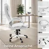 A white office chair is shown in a room with a desk and a plant. There are also inset images highlighting specific features of the chair. Náhled obrázku produktu