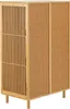 A side view of a wooden cabinet with slatted doors on the left and solid doors on the right, standing on four legs. Podgląd zdjęcia produktu