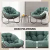 A collage of images showing a green rocking chair with a PE rattan weave, a small side table, and close-ups of the chair's cushion and dimensions. Produktbild-Vorschau