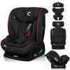 A collage of images showing a black car seat with red trim, including different components and angles of the seat. Produktbild-Vorschau