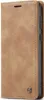 A brown flip case for a smartphone is shown closed, with the side of the phone visible. Produktbild-Vorschau