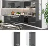A modern kitchen setup with sleek, grey cabinetry and a dining table in the foreground, and two separate wall cabinets shown below. Voir les images du produit
