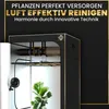 A grow tent setup with ventilation equipment and a plant inside, presented with marketing text. Produktbild-Vorschau