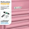 A close-up of a pink suitcase with text overlays describing its features and a logo. Produktbild-Vorschau