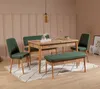 A dining set with a wooden table, green chairs, and a green bench in a room with paneled walls. Produktbild-Vorschau