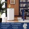 A product shot of a white portable air conditioner in a modern room setting, with promotional text and a map overlay. Produktbild-Vorschau