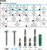 A table showing different screw sizes and types, followed by images of screws, bits, and a wall plug. Podgląd zdjęcia produktu