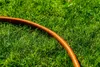 A close-up of an orange garden hose lying on green grass. Voir les images du produit