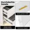 Collage of close-up images highlighting details of a white nightstand, including drawers, golden handles, and anti-slip feet. Náhled obrázku produktu