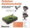 A cordless grass trimmer is shown on a block of grass, with close-ups of its cutting heads and a table of specifications. Produktbild-Vorschau