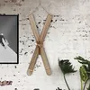 Wooden skis hung on a brick wall next to a framed picture and a plant. Produktbild-Vorschau