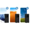 Three portable air conditioners are shown in front of different environmental backdrops, each with an icon representing a function. Produktbild-Vorschau
