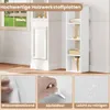 A white four-shelf bookcase is shown in a room setting, with three smaller images below highlighting its features. Produktbild-Vorschau