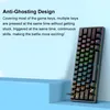 A black mechanical keyboard with RGB lighting is displayed on a light blue platform against a light blue background. Text describing the keyboard's anti-ghosting feature is on the left. Produktbild-Vorschau