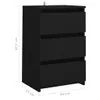 A black dresser with three drawers is shown from the front with dimensions indicated. Náhled obrázku produktu