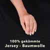 A hand is shown resting on a black fabric, with text overlay indicating product details. Produktbild-Vorschau