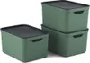 Three green storage boxes with black lids are stacked and arranged on a white background. Produktbild-Vorschau