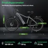 A grey e-bike is shown with various dimensions and specifications highlighted with text overlays. Produktbild-Vorschau