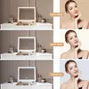 A vanity table with a lighted mirror, shown with different lighting options and corresponding model shots. Produktbild-Vorschau