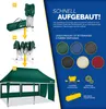 Marketing image showing the assembly steps and color options of a green pop-up gazebo. Anteprima dell’immagine prodotto