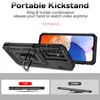 A black phone case with a kickstand and ring holder is shown from multiple angles, with text highlighting its features. Produktbild-Vorschau
