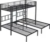 A black metal triple bunk bed frame with a ladder and a small shelf. Voir les images du produit