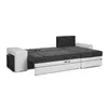 A sectional sofa is shown in a studio setting against a white background. Dimensions are indicated with lines and text. Produktbild-Vorschau