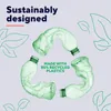 Marketing image showing three crushed plastic bottles arranged in a recycling symbol formation, with text overlay indicating sustainable design and recycled materials. Náhľad obrázku produktu