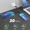 A charging station with a laptop, tablet, and smartphone connected to a wall adapter. Produktbild-Vorschau