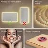 Collage of product features and benefits, including mirror installation, LED quality, CRI comparison, and packaging. Produktbild-Vorschau