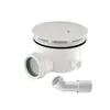 A white plumbing drain fitting with a round cover and an attached elbow pipe, isolated on a white background. Produktbild-Vorschau