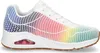 A single white athletic shoe with a rainbow gradient mesh overlay and a gum sole, shown from the side against a white background. Voir les images du produit