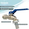A close-up view of a brass faucet with a blue handle and a hose connection, with text overlays describing its features. Produktbild-Vorschau