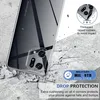 A clear phone case is shown on a cracked concrete surface, with graphics highlighting its protective features. Produktbild-Vorschau