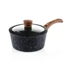 A speckled black saucepan with a glass lid and a wooden handle and lid knob, set against a white background. Produktbild-Vorschau